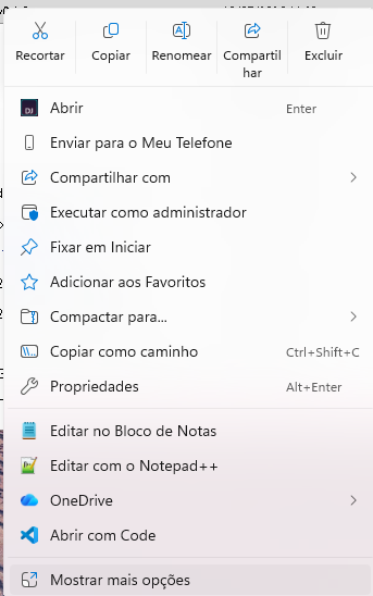 Menu de contexto do Windows com a opcao Mostrar mais opcoes