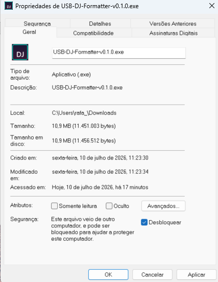 Janela de propriedades com a caixa Desbloquear marcada
