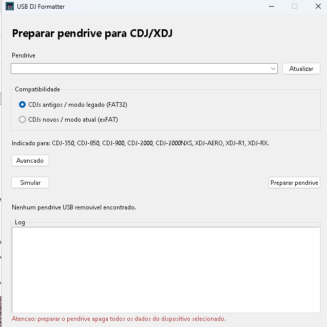 Tela principal do USB DJ Formatter aberta